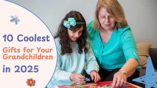 A grandmother and granddaughter playing with an educational toy
