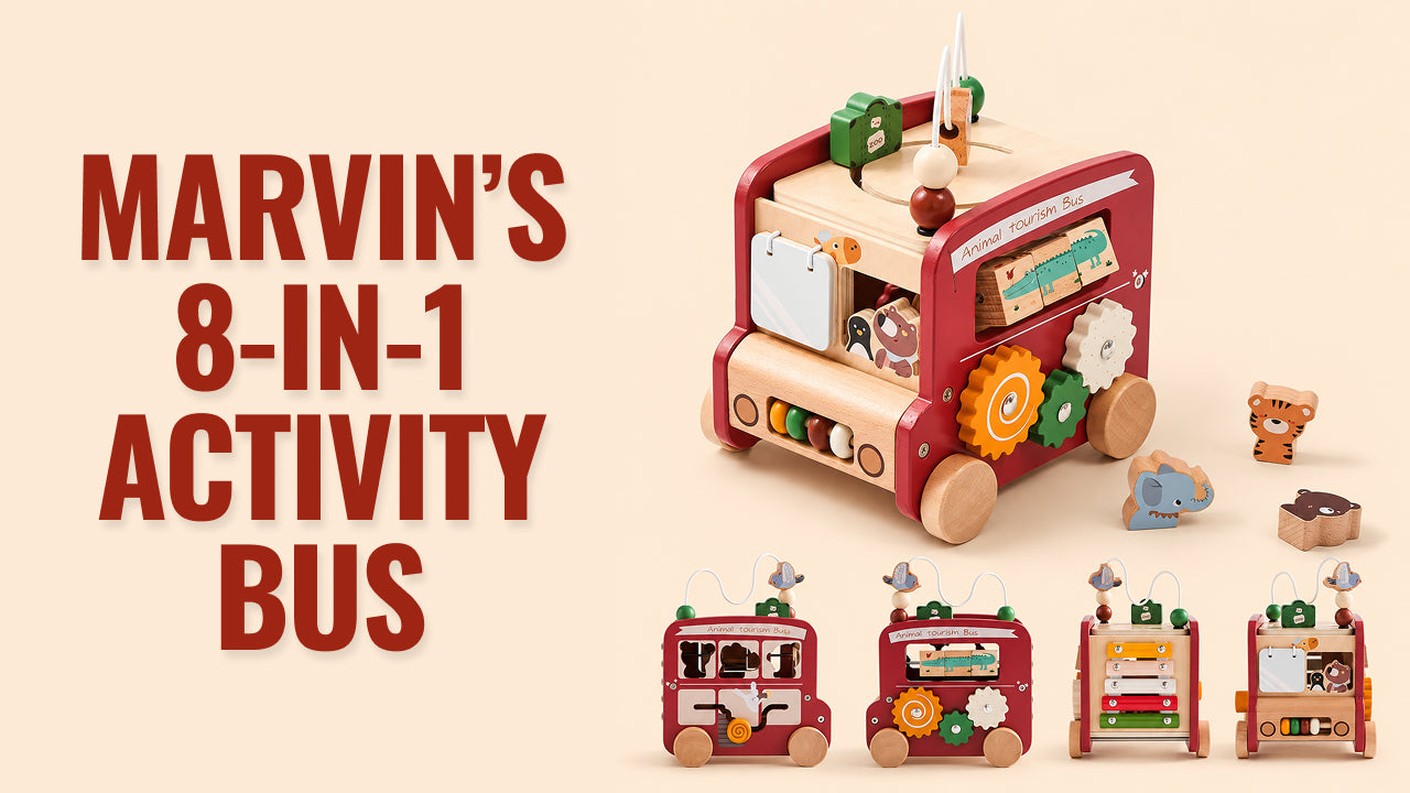 Load video: Video review of Marvin’s 8-in-1 Activity Bus — a multifunctional wooden learning toy that helps toddlers explore shapes, colors, sounds, and coordination through fun hands-on play.
