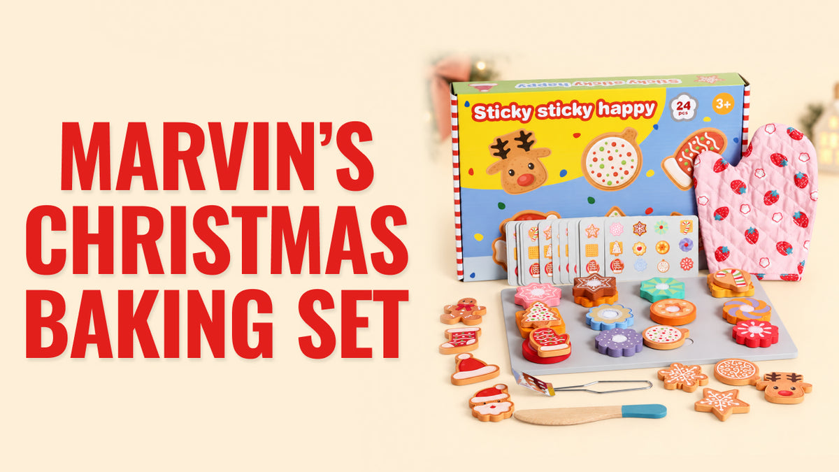 Load video: Video demonstration of Marvin's Christmas Baking Set showing colorful wooden Christmas cookies, matching recipe cards, and pretend baking activities that encourage fine motor skills, logical thinking, and imaginative play.