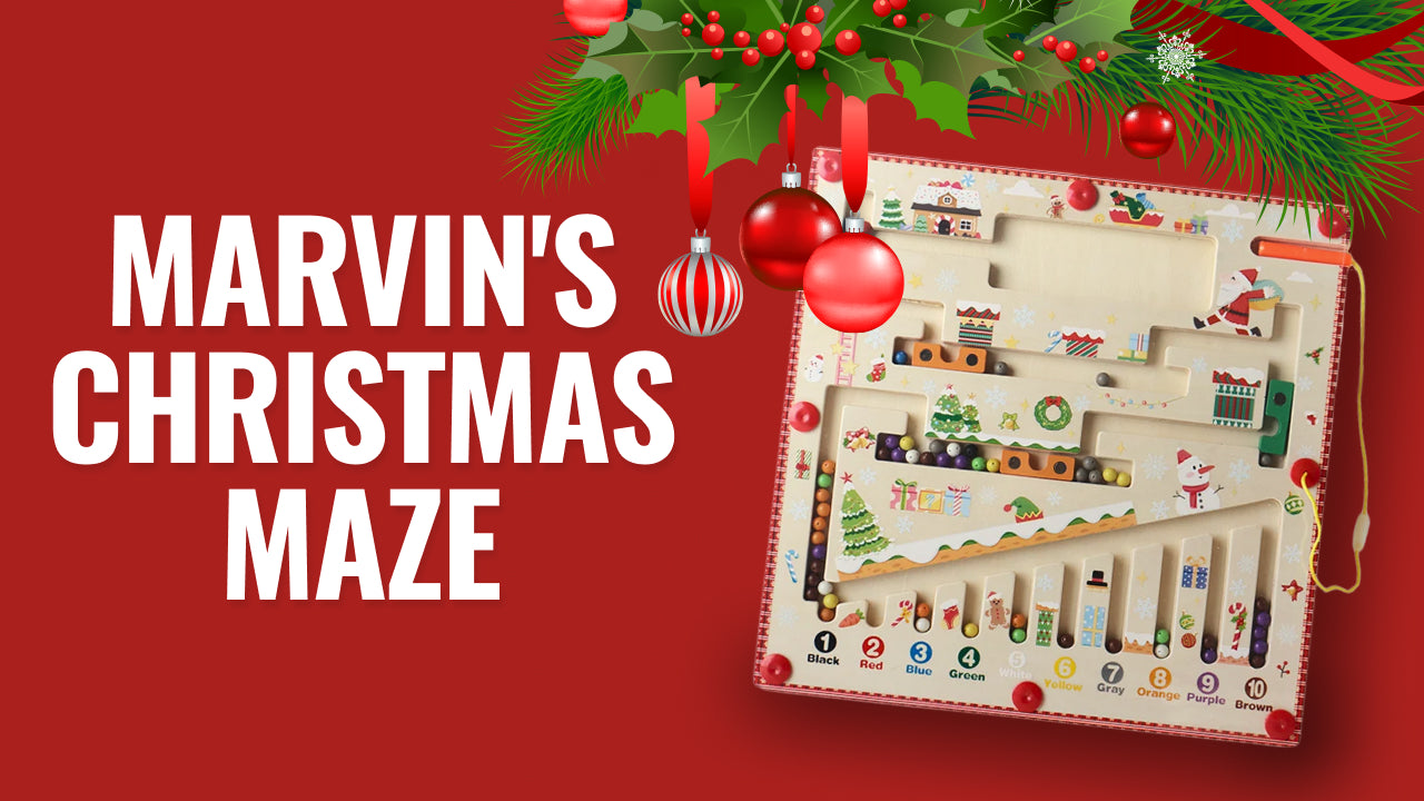 Load video: Video review of Marvin’s Christmas Maze - a Montessori-inspired magnetic maze that helps kids 3+ develop focus, color recognition, and problem-solving skills through fun, hands-on Christmas play.