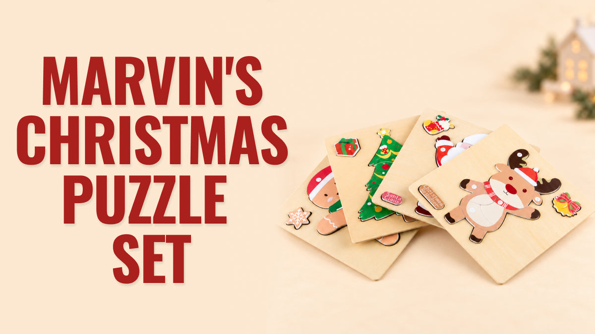 Load video: Video demonstration of Marvin's Christmas Puzzle Set featuring colorful wooden Christmas puzzles that help children develop fine motor skills, hand-eye coordination, and problem-solving through festive play.