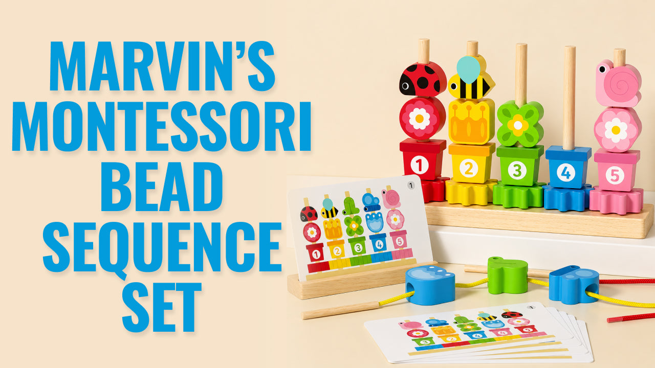 Load video: Video review of Marvin’s Montessori Bead Sequence Set - a colorful learning toy that helps kids build patterns, practice sequencing, and develop fine motor skills through hands-on Montessori-inspired play.