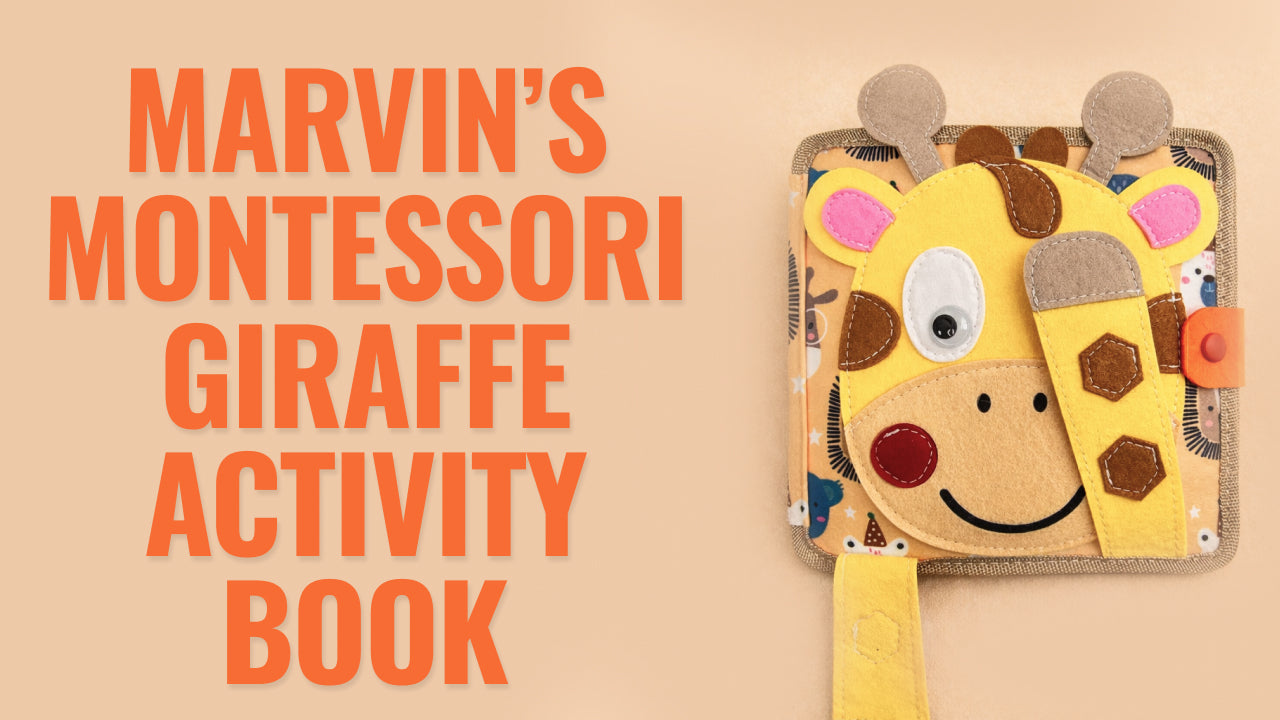 Load video: Video review of Marvin’s Montessori Giraffe Activity Book — a soft sensory learning toy that helps toddlers explore shapes, build fine motor skills, and develop focus through interactive, hands-on play.