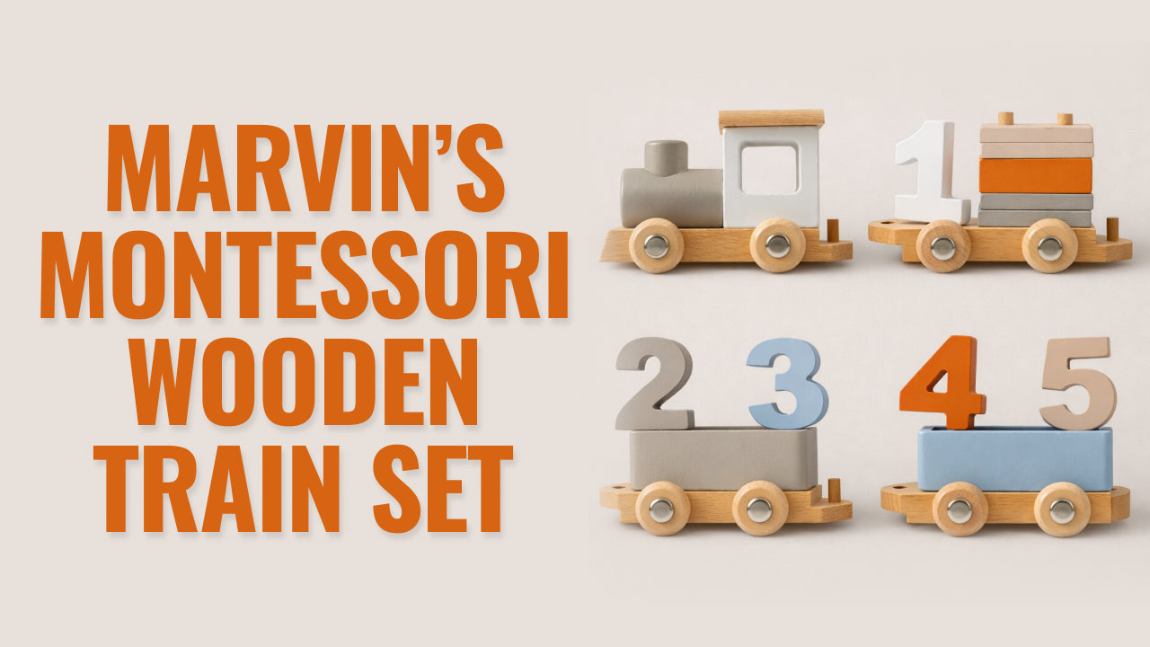 Load video: Video review of Marvin’s Montessori Wooden Train Set - a natural wood learning toy that helps toddlers develop motor skills, practice stacking and sorting, and build early thinking through hands-on play.
