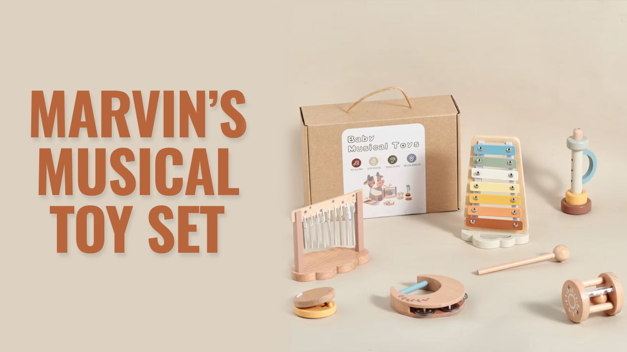 Load video: Video review of Marvin’s Musical Toy Set - a wooden music set that helps toddlers explore sounds, build coordination, and enjoy calm, creative play through hands-on music activities.