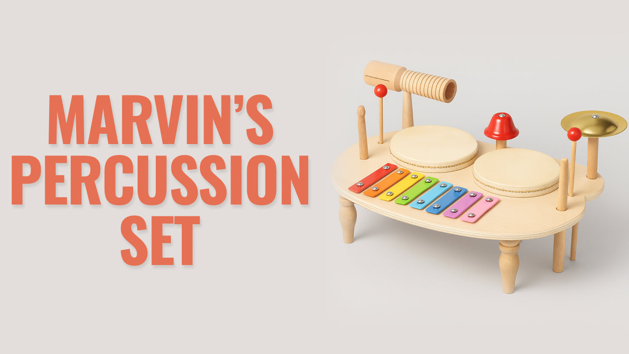 Load video: Video review of Marvin’s Percussion Set – a Montessori-inspired wooden musical toy that helps kids 3+ explore rhythm and sound, improve coordination, and boost creativity through hands-on play.