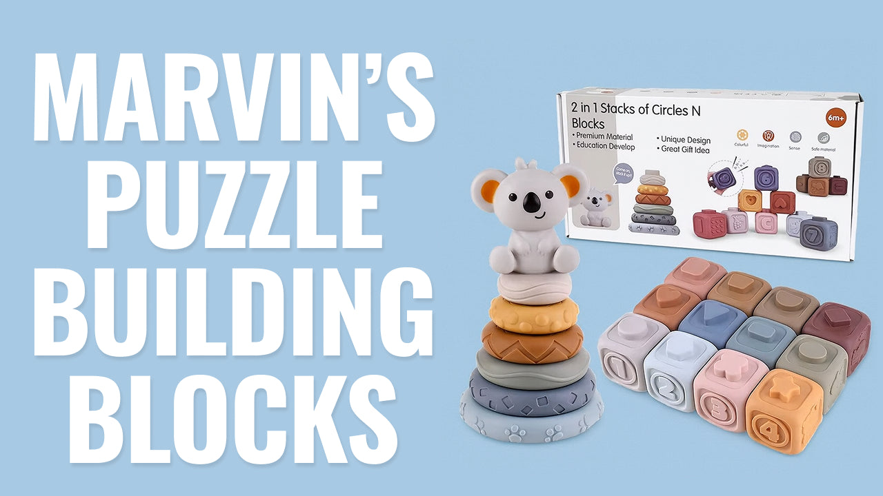 Load video: Video review of Marvin’s Puzzle Building Blocks – Montessori-inspired silicone blocks that help babies 6+ months explore shapes, develop fine motor skills, and boost creativity through safe, hands-on play.