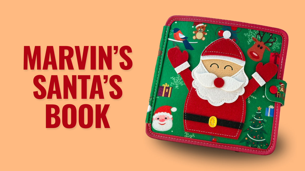Load video: Video review of Marvin’s Santa&#39;s Book – a Montessori-inspired soft sensory book for toddlers 1+ that helps develop curiosity, fine motor skills, and focus through festive, hands-on play.